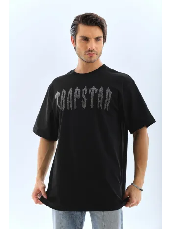 Unisex Oversize Taşlı Bisiklet Yaka T-Shirt - Siyah Unisex Oversize Taşlı Bisiklet Yaka T-Shirt - Siyah