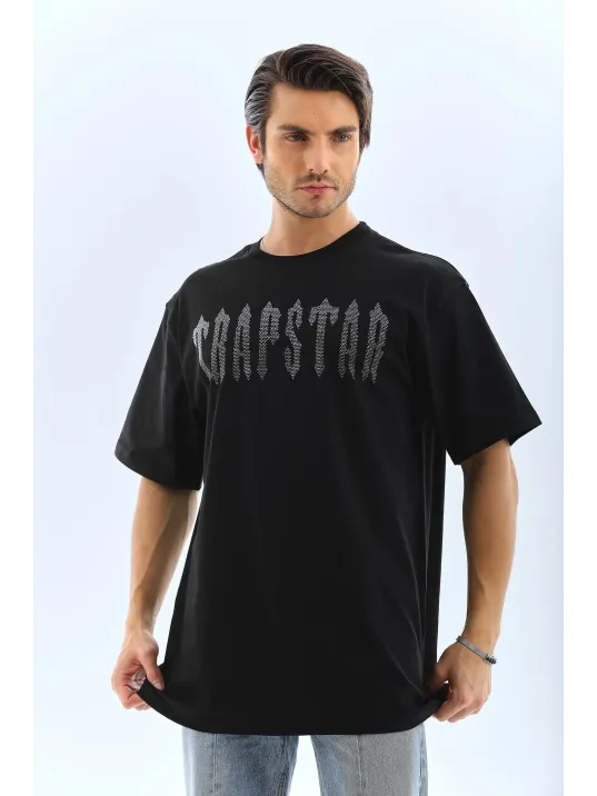 Unisex Oversize Taşlı Bisiklet Yaka T-Shirt - Siyah Unisex Oversize Taşlı Bisiklet Yaka T-Shirt - Siyah