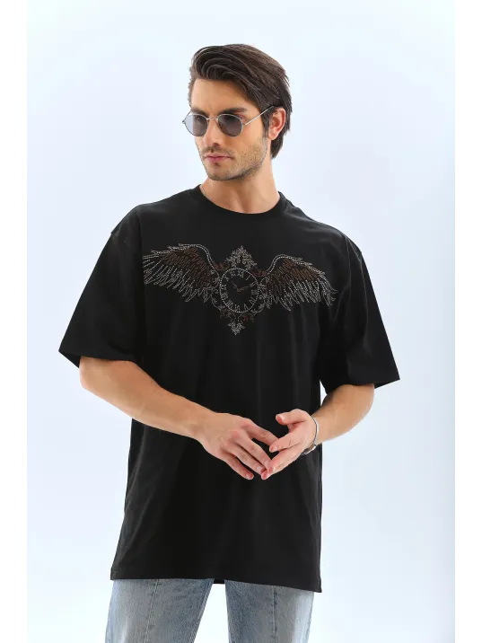 Unisex Oversize Taşlı Bisiklet Yaka T-Shirt - Siyah