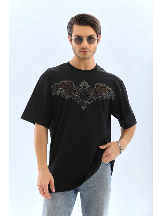 Unisex Oversize Taşlı Bisiklet Yaka T-Shirt - Siyah