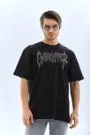 Unisex Oversize Taşlı Bisiklet Yaka T-shirt - Siyah Unisex Oversize Taşlı Bisiklet Yaka T-shirt - Siyah