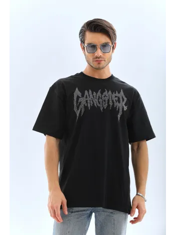 Unisex Oversize Taşlı Bisiklet Yaka T-Shirt - Siyah Unisex Oversize Taşlı Bisiklet Yaka T-Shirt - Siyah