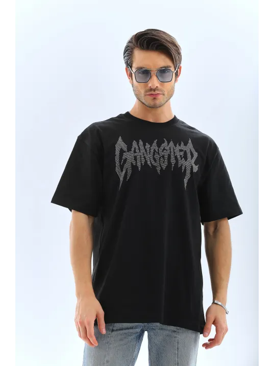 Unisex Oversize Taşlı Bisiklet Yaka T-Shirt - Siyah Unisex Oversize Taşlı Bisiklet Yaka T-Shirt - Siyah
