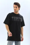 Unisex Oversize Taşlı Bisiklet Yaka T-shirt - Siyah Unisex Oversize Taşlı Bisiklet Yaka T-shirt - Siyah
