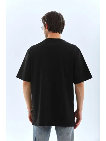 Unisex Oversize Taşlı Bisiklet Yaka T-Shirt - Siyah
