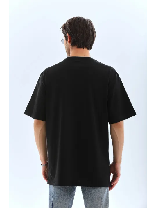 Unisex Oversize Taşlı Bisiklet Yaka T-Shirt - Siyah