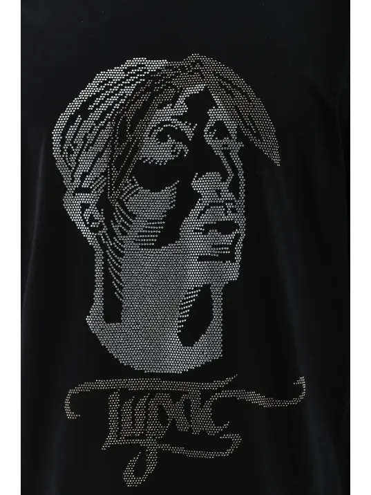 Unisex Oversize Taşlı Bisiklet Yaka T-Shirt - Siyah