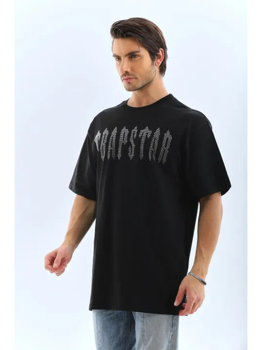 Unisex Oversize Taşlı Bisiklet Yaka T-Shirt - Siyah