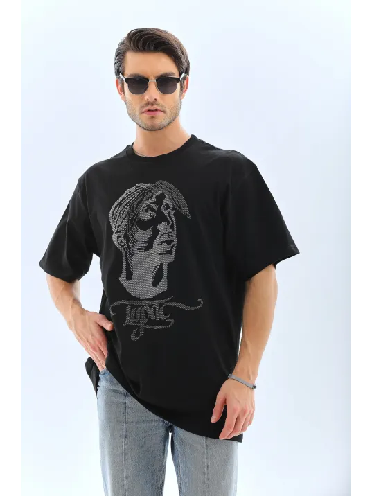 Unisex Oversize Taşlı Bisiklet Yaka T-Shirt - Siyah