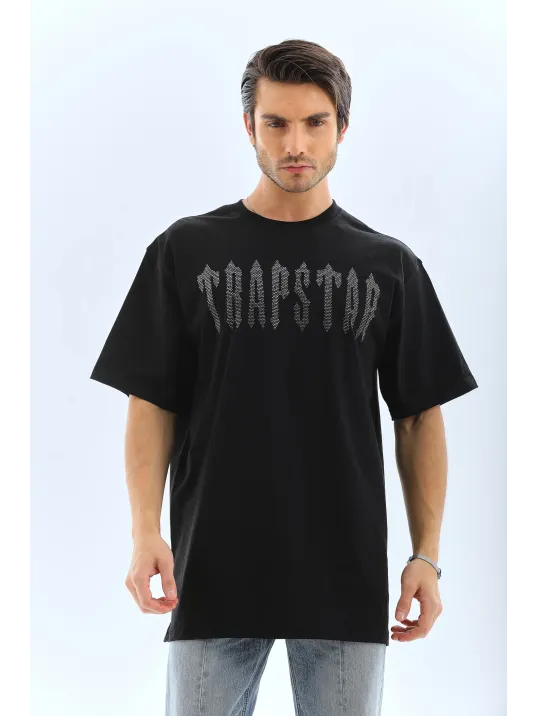 Unisex Oversize Taşlı Bisiklet Yaka T-Shirt - Siyah