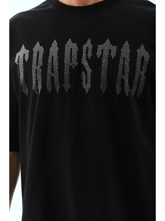 Unisex Oversize Taşlı Bisiklet Yaka T-Shirt - Siyah