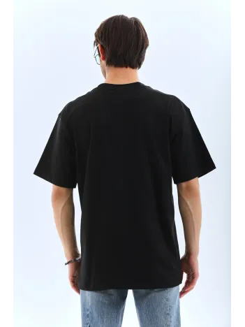 Unisex Oversize Taşlı Bisiklet Yaka T-Shirt - Siyah