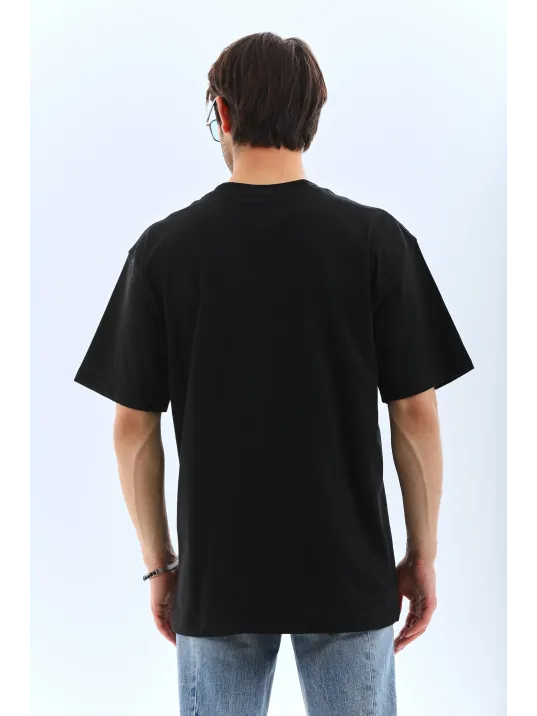 Unisex Oversize Taşlı Bisiklet Yaka T-Shirt - Siyah Unisex Oversize Taşlı Bisiklet Yaka T-Shirt - Siyah