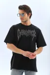 Unisex Oversize Taşlı Bisiklet Yaka T-shirt - Siyah Unisex Oversize Taşlı Bisiklet Yaka T-shirt - Siyah