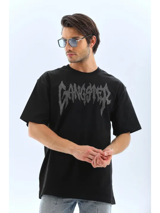 Unisex Oversize Taşlı Bisiklet Yaka T-Shirt - Siyah Unisex Oversize Taşlı Bisiklet Yaka T-Shirt - Siyah