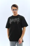 Unisex Oversize Taşlı Bisiklet Yaka T-shirt - Siyah Unisex Oversize Taşlı Bisiklet Yaka T-shirt - Siyah