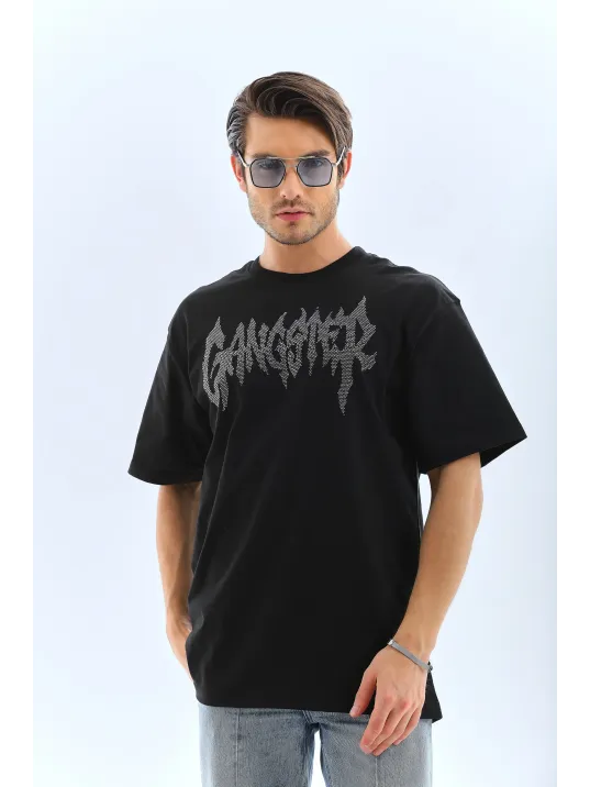 Unisex Oversize Taşlı Bisiklet Yaka T-Shirt - Siyah Unisex Oversize Taşlı Bisiklet Yaka T-Shirt - Siyah