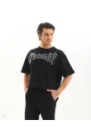 Unisex Oversize Taşlı T-shirt - Siyah