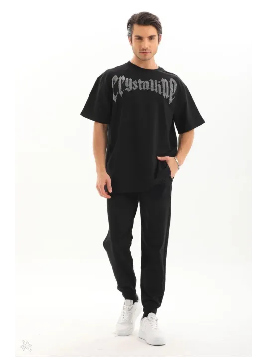 Unisex Oversize Taşlı T-Shirt - Siyah Unisex Oversize Taşlı T-Shirt - Siyah