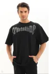 Unisex Oversize Taşlı T-shirt - Siyah
