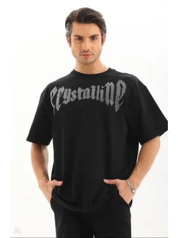 Unisex Oversize Taşlı T-Shirt - Siyah