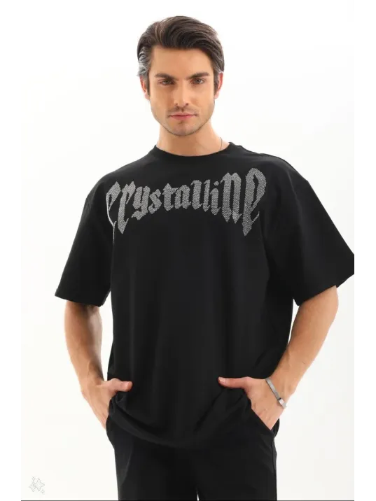 Unisex Oversize Taşlı T-Shirt - Siyah Unisex Oversize Taşlı T-Shirt - Siyah