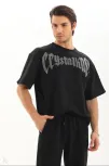 Unisex Oversize Taşlı T-shirt - Siyah