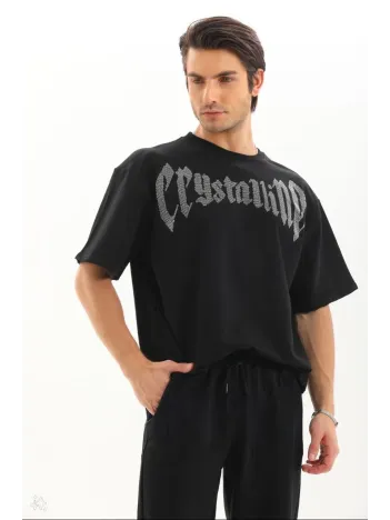 Unisex Oversize Taşlı T-Shirt - Siyah Unisex Oversize Taşlı T-Shirt - Siyah