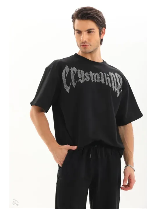 Unisex Oversize Taşlı T-Shirt - Siyah Unisex Oversize Taşlı T-Shirt - Siyah