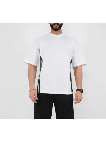 Unisex Oversize Yanları Şeritli T-Shirt - Beyaz