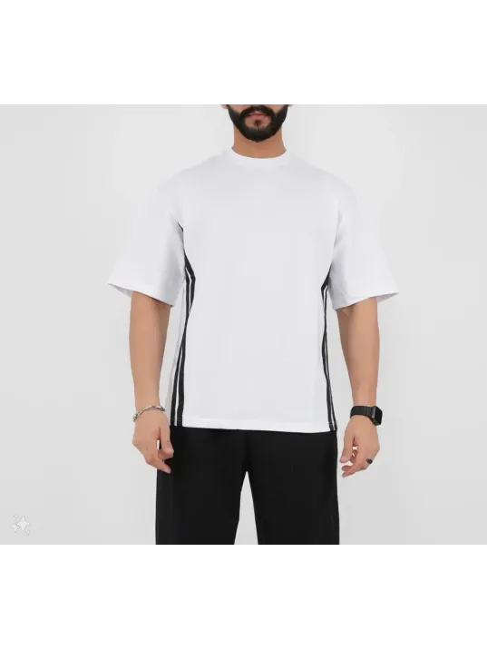 Unisex Oversize Yanları Şeritli T-Shirt - Beyaz Unisex Oversize Yanları Şeritli T-Shirt - Beyaz