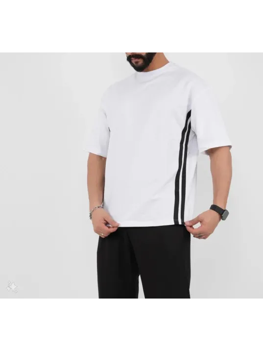 Unisex Oversize Yanları Şeritli T-Shirt - Beyaz Unisex Oversize Yanları Şeritli T-Shirt - Beyaz