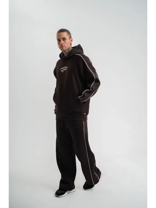 Uzun Kol Kapşonlu Ara Biyeli Baggy Eşofman Takım - Kahve