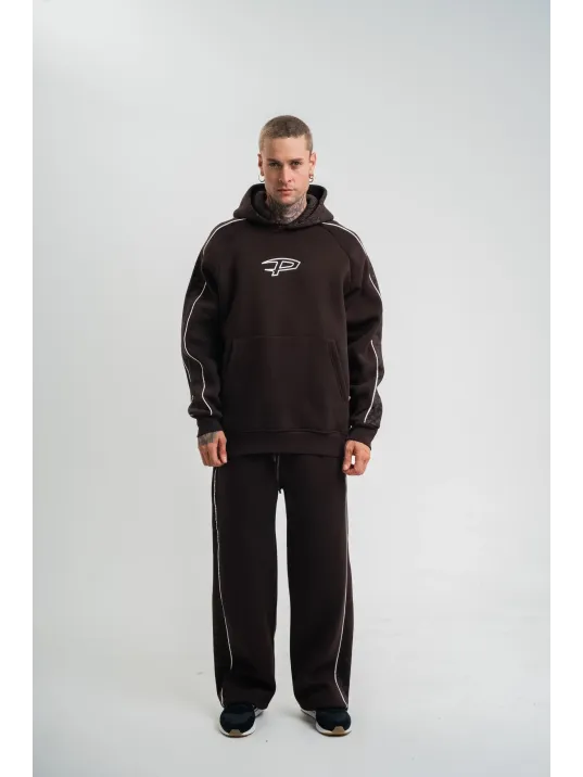 Uzun Kol Kapşonlu Ara Biyeli Baggy Eşofman Takım - Kahve