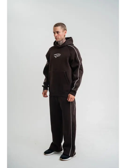 Uzun Kol Kapşonlu Ara Biyeli Baggy Eşofman Takım - Kahve