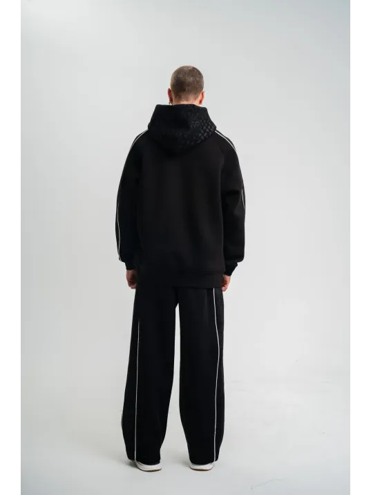 Uzun Kol Kapşonlu Ara Biyeli Baggy Eşofman Takım - Siyah