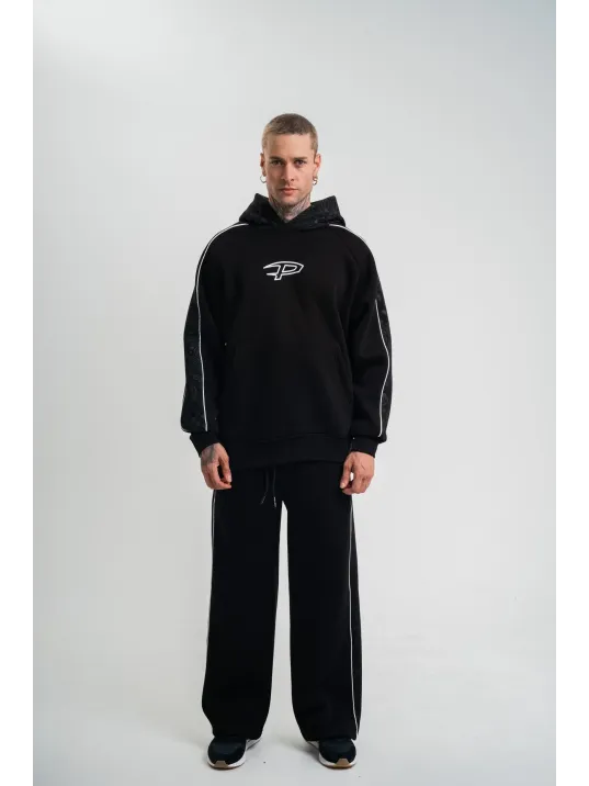 Uzun Kol Kapşonlu Ara Biyeli Baggy Eşofman Takım - Siyah