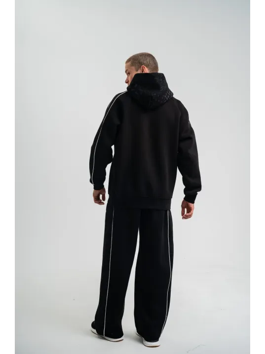 Uzun Kol Kapşonlu Ara Biyeli Baggy Eşofman Takım - Siyah