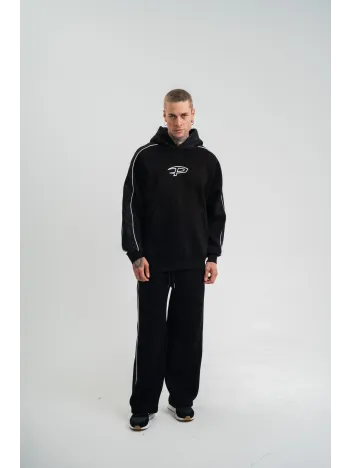 Uzun Kol Kapşonlu Ara Biyeli Baggy Eşofman Takım - Siyah