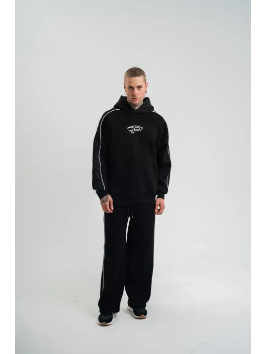 Uzun Kol Kapşonlu Ara Biyeli Baggy Eşofman Takım - Siyah