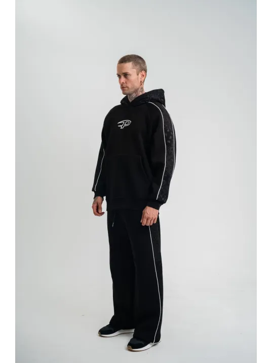 Uzun Kol Kapşonlu Ara Biyeli Baggy Eşofman Takım - Siyah