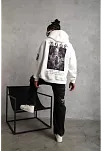 Unisex Sırt Baskılı Kapüşonlu Üç İplik Oversize Sweatshirt - Beyaz
