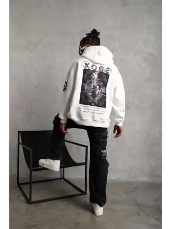 Unisex Sırt Baskılı Kapüşonlu Üç İplik Oversize Sweatshirt - Beyaz