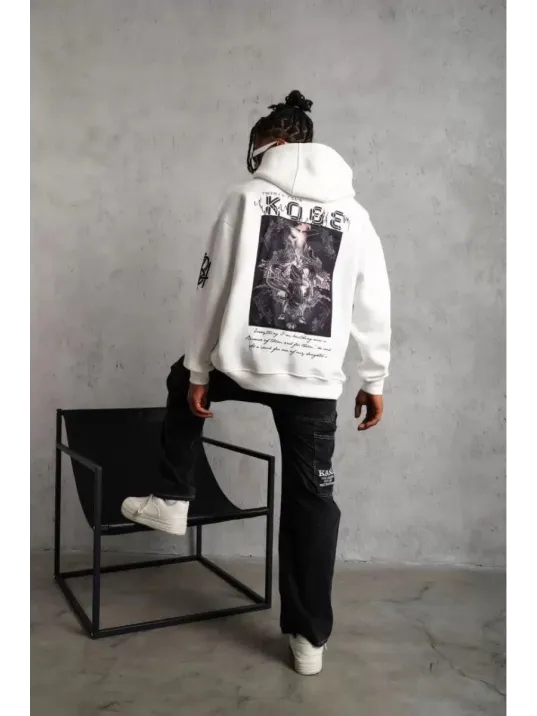 Unisex Sırt Baskılı Kapüşonlu Üç İplik Oversize Sweatshirt - Beyaz Unisex Sırt Baskılı Kapüşonlu Üç İplik Oversize Sweatshirt - Beyaz