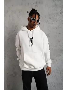 Unisex Sırt Baskılı Kapüşonlu Üç İplik Oversize Sweatshirt - Beyaz