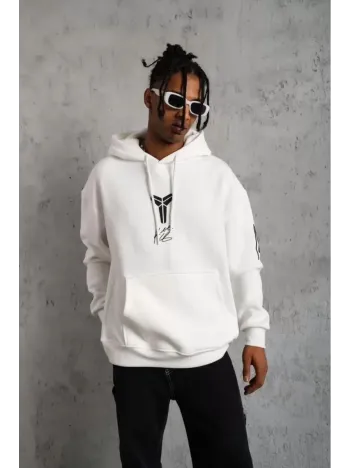Unisex Sırt Baskılı Kapüşonlu Üç İplik Oversize Sweatshirt - Beyaz