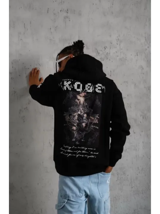 Unisex Sırt Baskılı Kapüşonlu Üç İplik Oversize Sweatshirt - Siyah