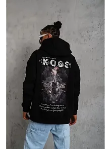 Unisex Sırt Baskılı Kapüşonlu Üç İplik Oversize Sweatshirt - Siyah