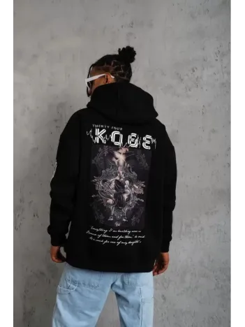 Unisex Sırt Baskılı Kapüşonlu Üç İplik Oversize Sweatshirt - Siyah