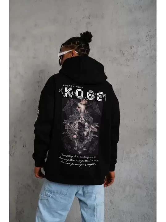 Unisex Sırt Baskılı Kapüşonlu Üç İplik Oversize Sweatshirt - Siyah
